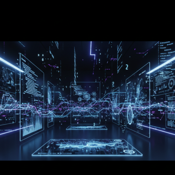 AI-powered custom software development and data engineering concept with digital interface and analytics dashboard