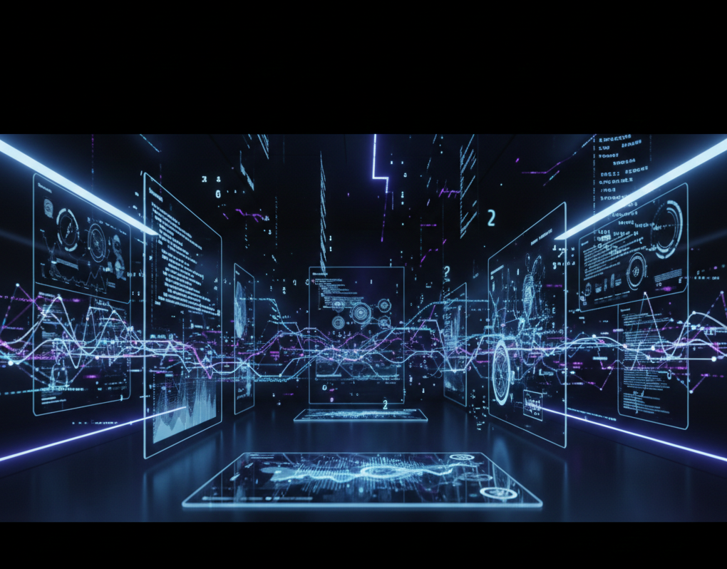 AI-powered custom software development and data engineering concept with digital interface and analytics dashboard