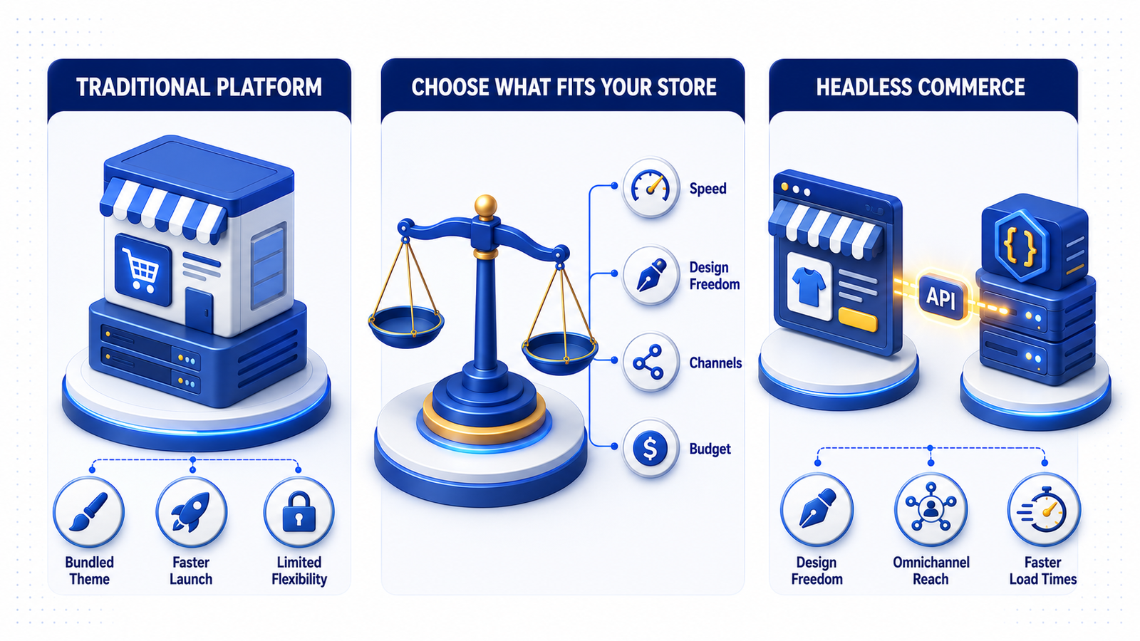 Infographic comparing traditional bundled commerce platforms versus headless commerce architecture